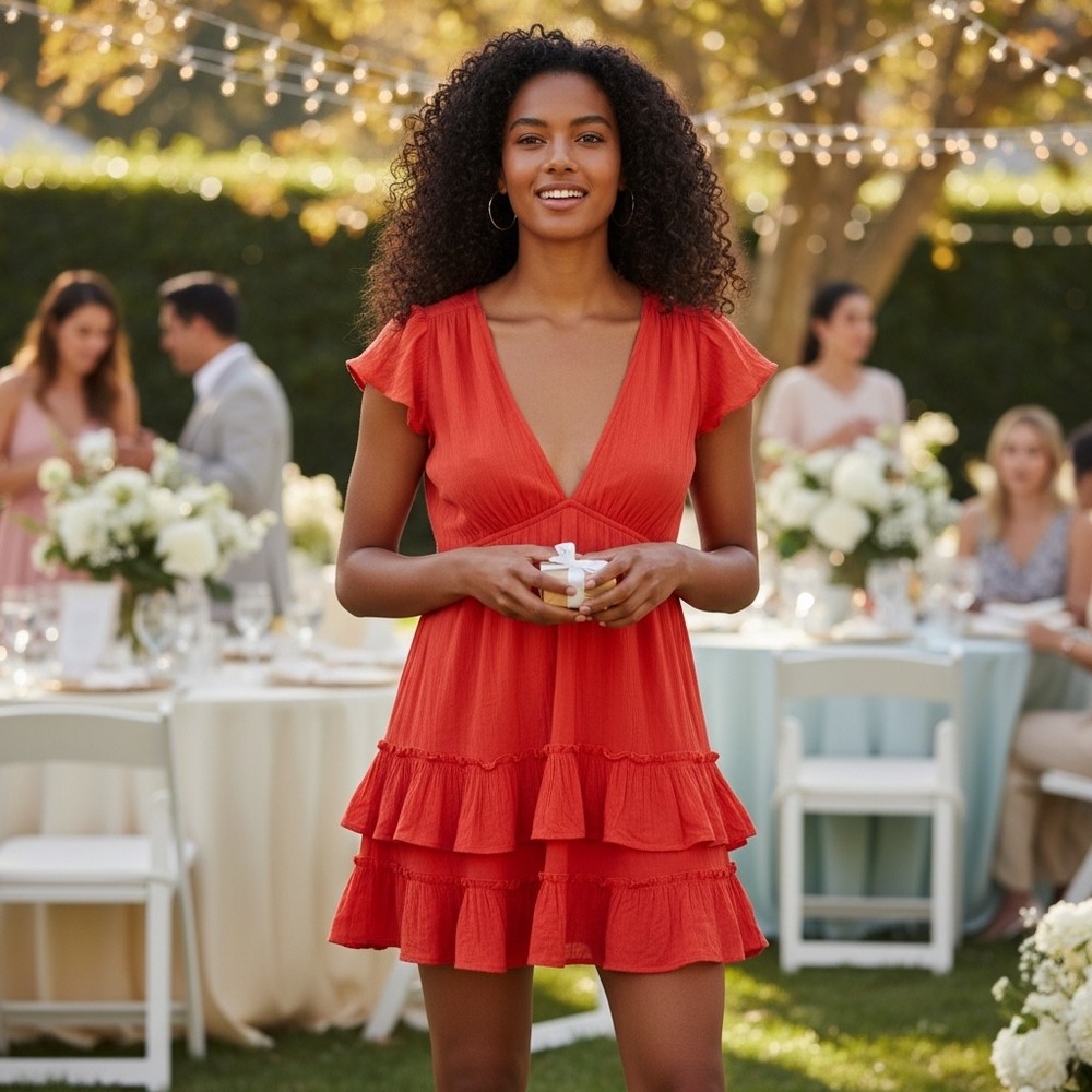 Marc Jacobs Red Orange 100% Silk Tiered Ruffle Mini Dress V-Neck Flutter Size‎ 2